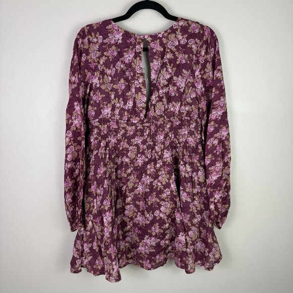 Free People Mini Dress Floral Long Sleeve Purple Boho Smocked Size Small NWT - Picture 9 of 10